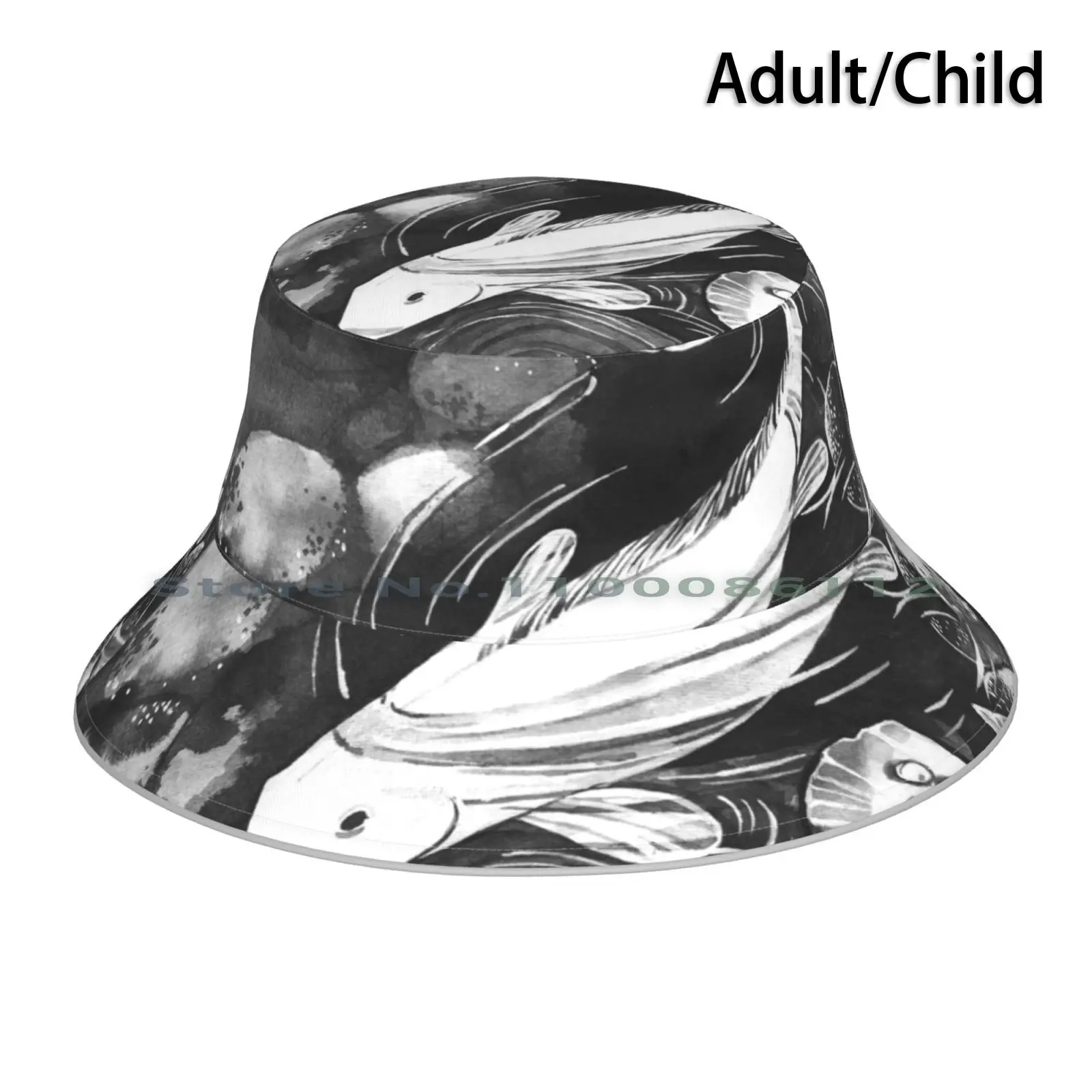 One-Eyed Fish Bucket Hat Sun Cap Mushishi Ginko Nature Pond Water Lily Black Water Anime Leaves Charcoal Black And White Manga