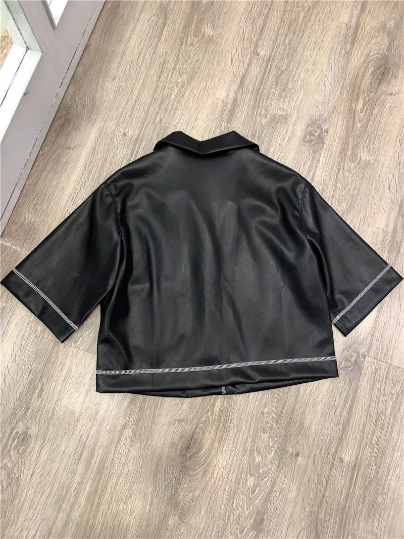 

Fashion Leather Women Short Blouse turn down collar single-breasted lady OL shirt female office wear pocket top 2020 New