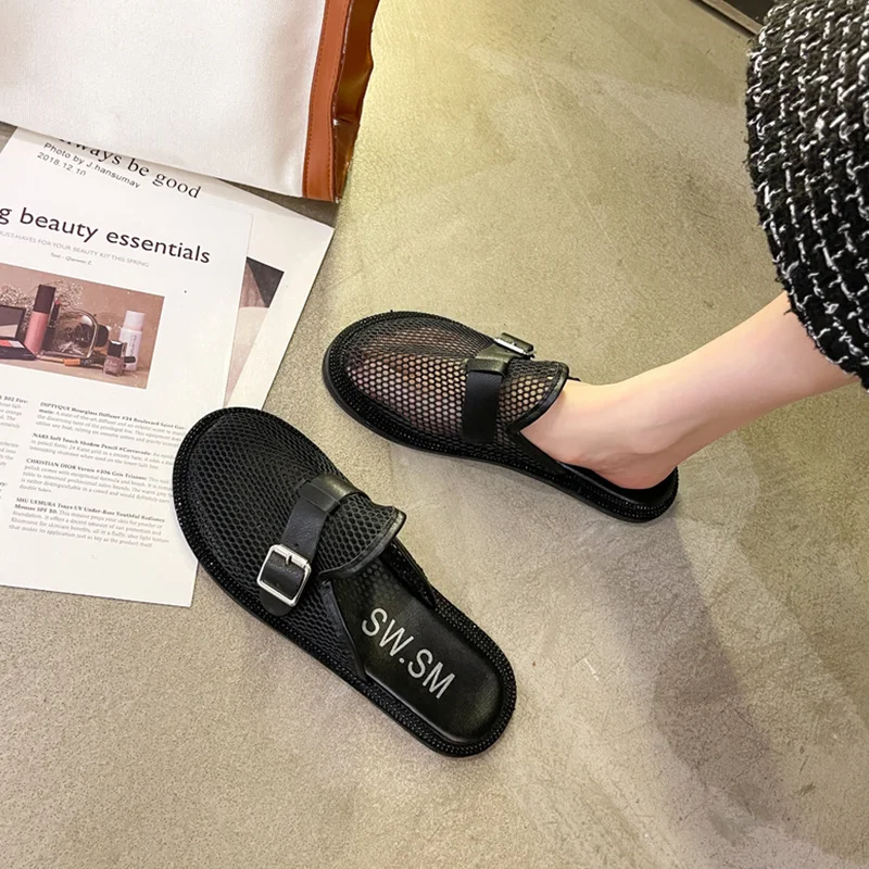 

Female Shoes Cover Toe Slippers Flat Low Slides Loafers Fashion Mules For Women 2021 New Luxury Buckle Strap Fabric Basic PU Rub