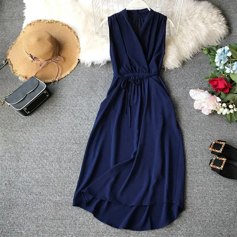 Женское длинное платье в армейском стиле с v-образным вырезом без рукавов