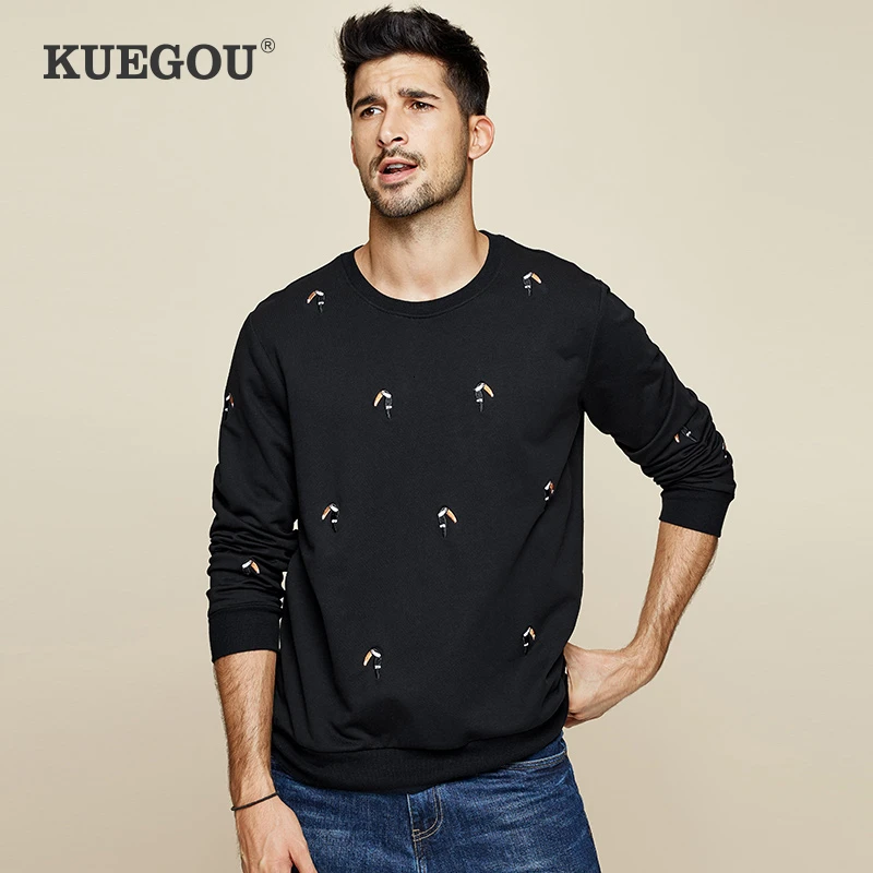 KUEGOU 2019 осень хлопок вышивка черный простые толстовки для мужчин новая мода