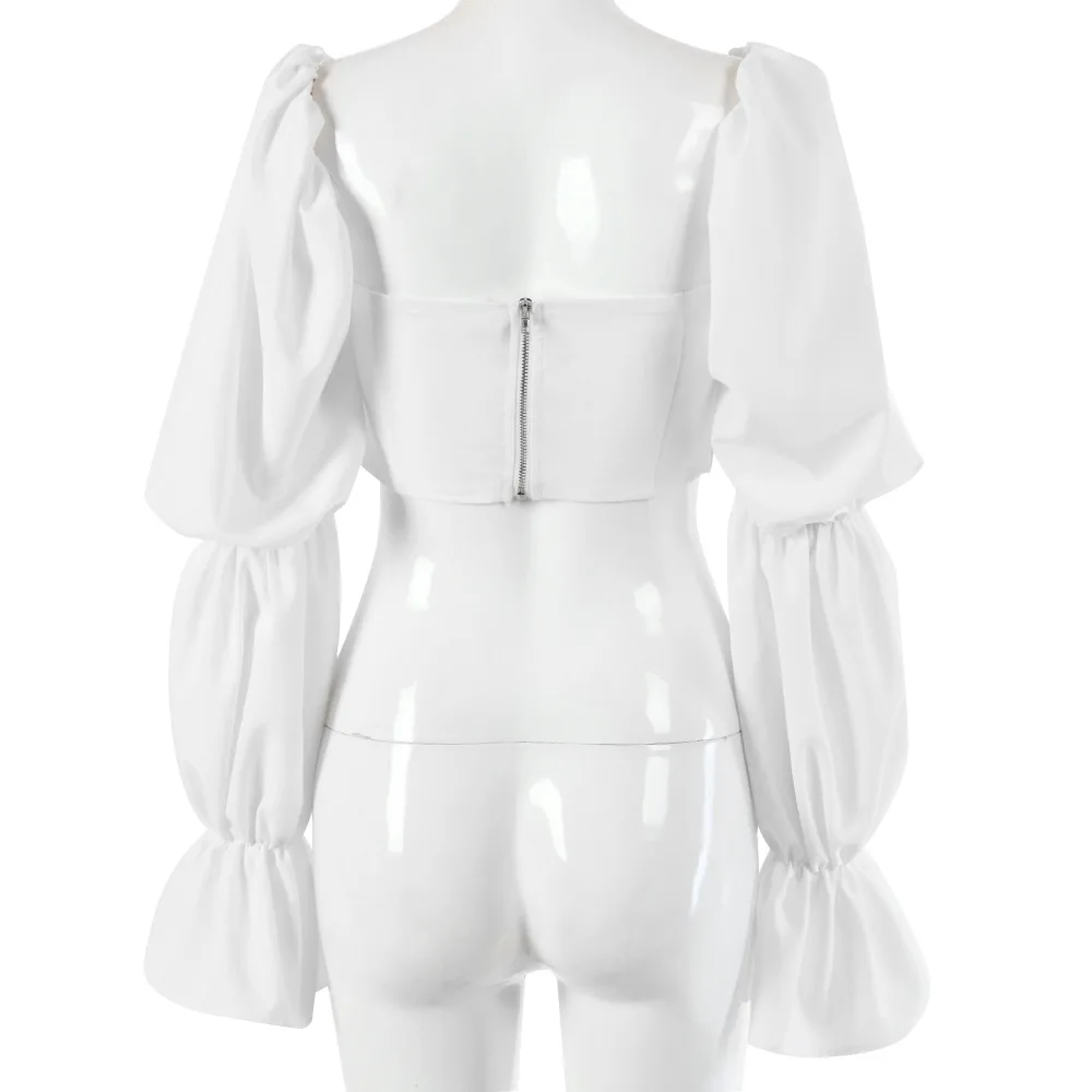 

Bubble Sleeve Elegant Shirt Sexy Square Neck Vintage Blouse Backless Office Ladies Shirt Female Casual Solid Color Top