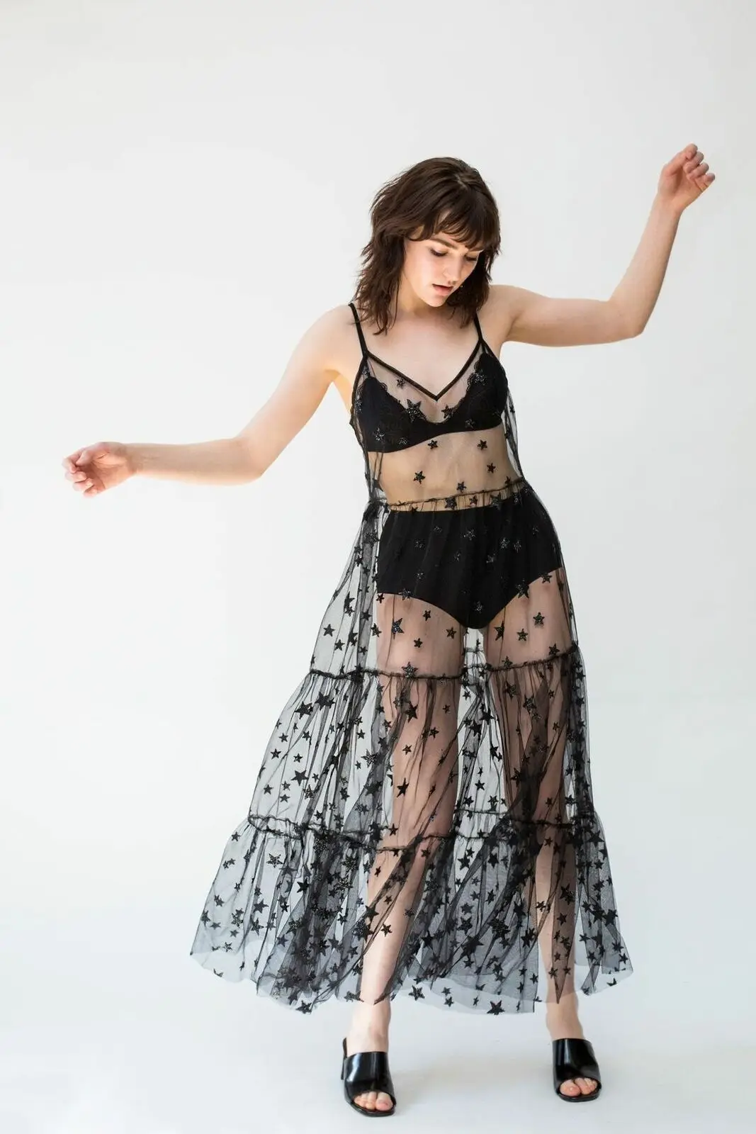 Женское платье на бретельках 2019 Тюлевая накидка летнее Сетчатое прозрачное