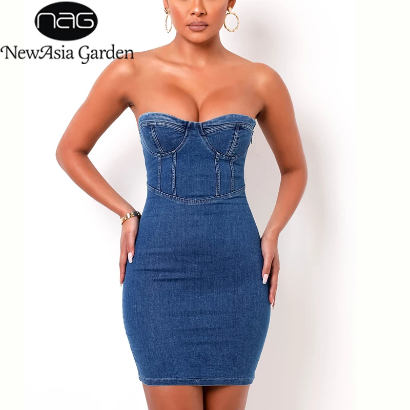 

NewAsia Denim Corset Dress Patchwork Padded Underwire Removable Straps Sleeveless Sexy Fitness Mini Dress Women Summer Vestidos