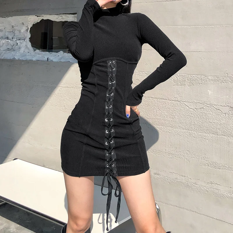 

Tie Up Bandage Black Bodycon Dress Autumn Basic Long Sleeve Knitted Mini Dresses Ladies Skinny Casual Winter Fashion Dress Women