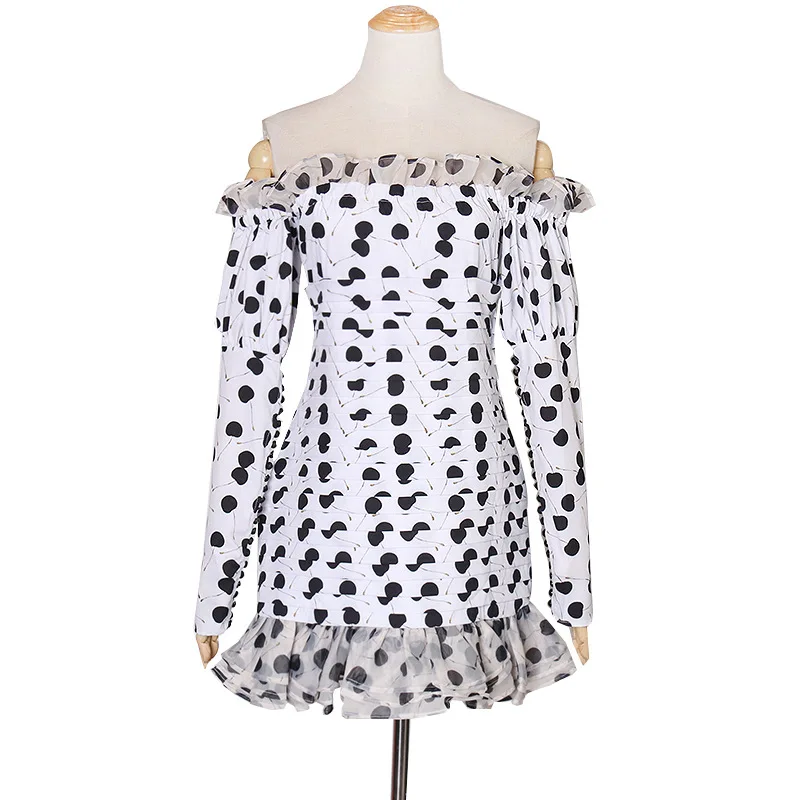 

Early new sexy shoulder ruffle pleated wavy pattern slim hip dress women