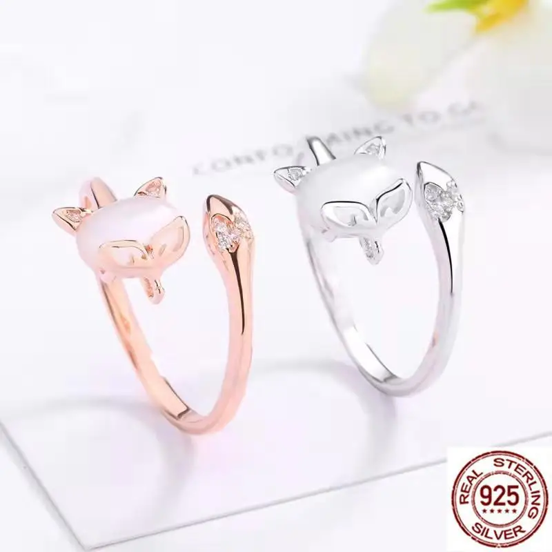 

ZHOUY 925 Sterling Silver Fox Ring Opal Zircon Shiny Rose Gold Adjustable Jewelry Wedding Banquet Ladies High Quality Gifts New