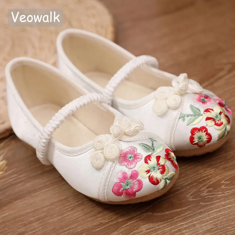 

Veowalk 1-14 Girls Cotton Embroidered Ballet Flats with Elastic Strap Kids Soft Dance Shoes Children Teenagers Walking Ballerina