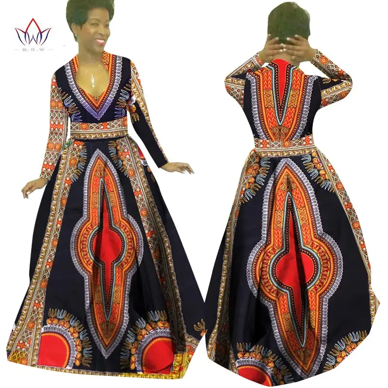 

Платье женское, зимнее, классическое, с глубоким треугольным вырезом, Платье макси с длинным рукавом, Dashiki Bazin Riche, WY029