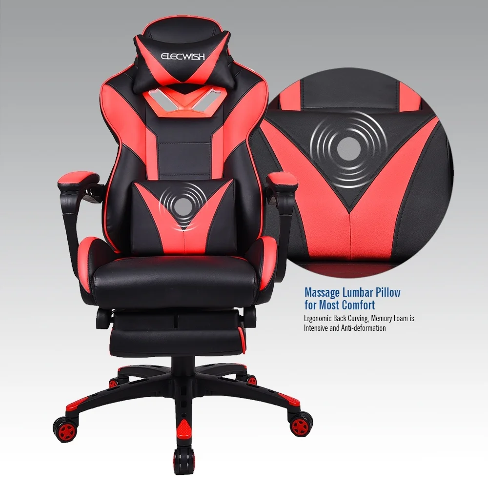 Ergonomic Computer Gaming Chair Recliner Adjustable High Back Massage Lumbar Red |