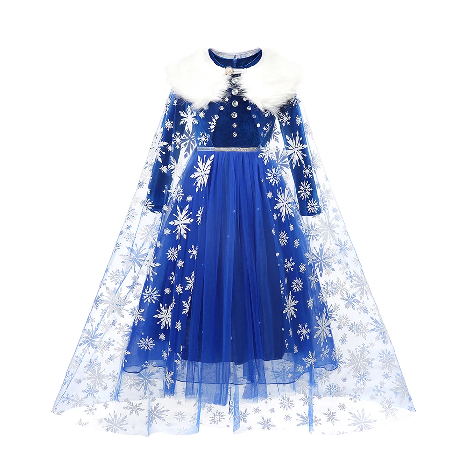 Autumn Winter Frozen Elsa Anna Dress Girls Long Sleeve Velvet Prom Gown Kids Halloween Party Cosplay Costume Warm Clothes