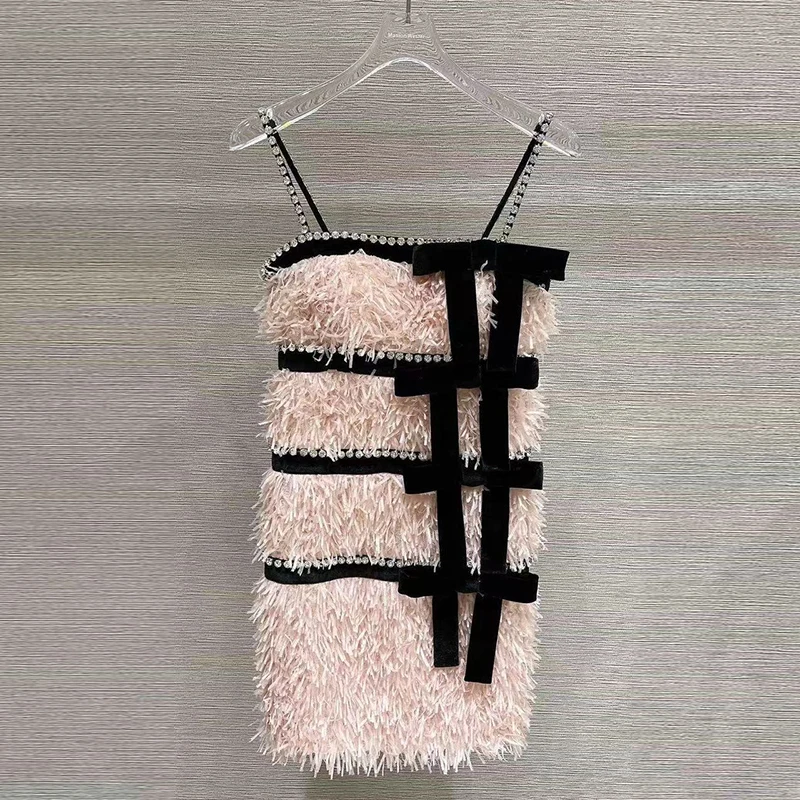 

VGH Sexy Hit Color Sling Dress For Women Square Collar Patchwork Bowknot Diamonds Mini Dresses Female New Summer Fashion Clothes