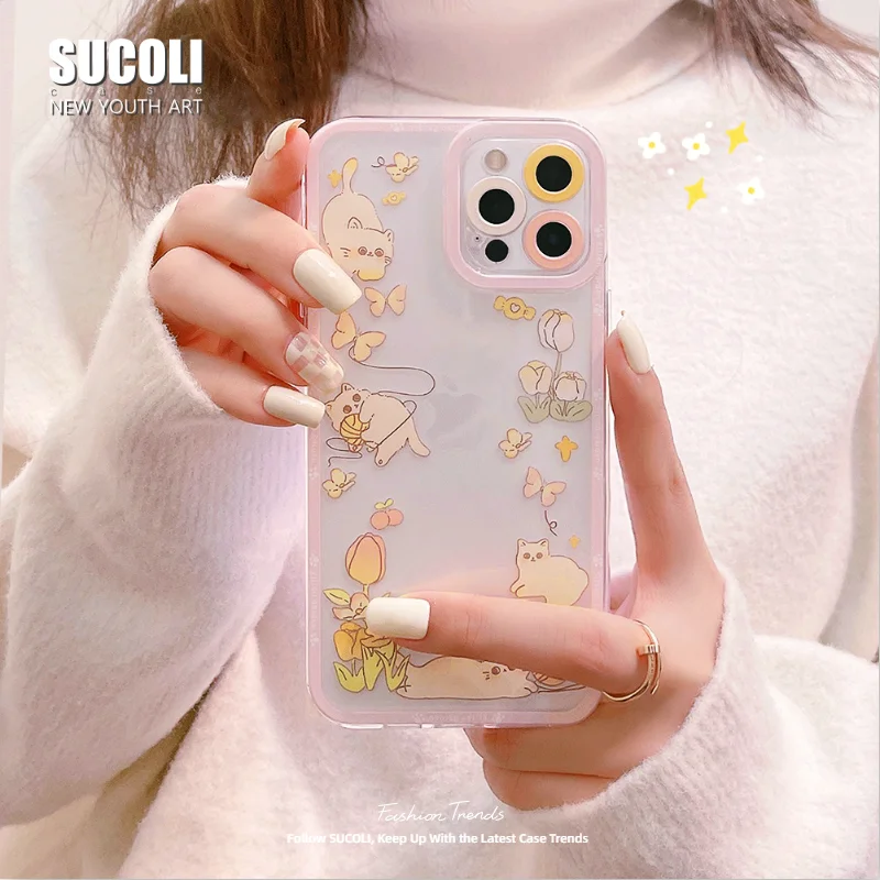 

Чехол с розовыми бабочками и кошками для iPhone 12 11 Pro Max 12 Mini XS Max X XR 7 8 Plus SE 2020, мягкий силиконовый чехол из ТПУ