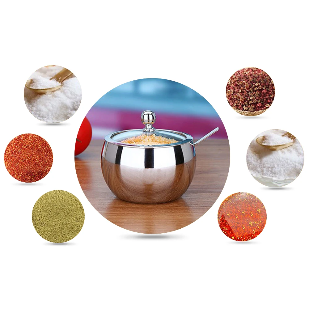 stainless steel sugar bowl seasoning jar condiment pot spice container canister cruet with lid spoon kitchen tools gadgets can free global shipping