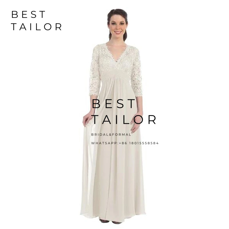 Платья для мамы невесты 2021 года на свадьбы Серебряная полная длина длинное платье с V-образным вырезом и 3/4 рукавами из шифона имперского стиля Kurti Vestido de Madrinha.