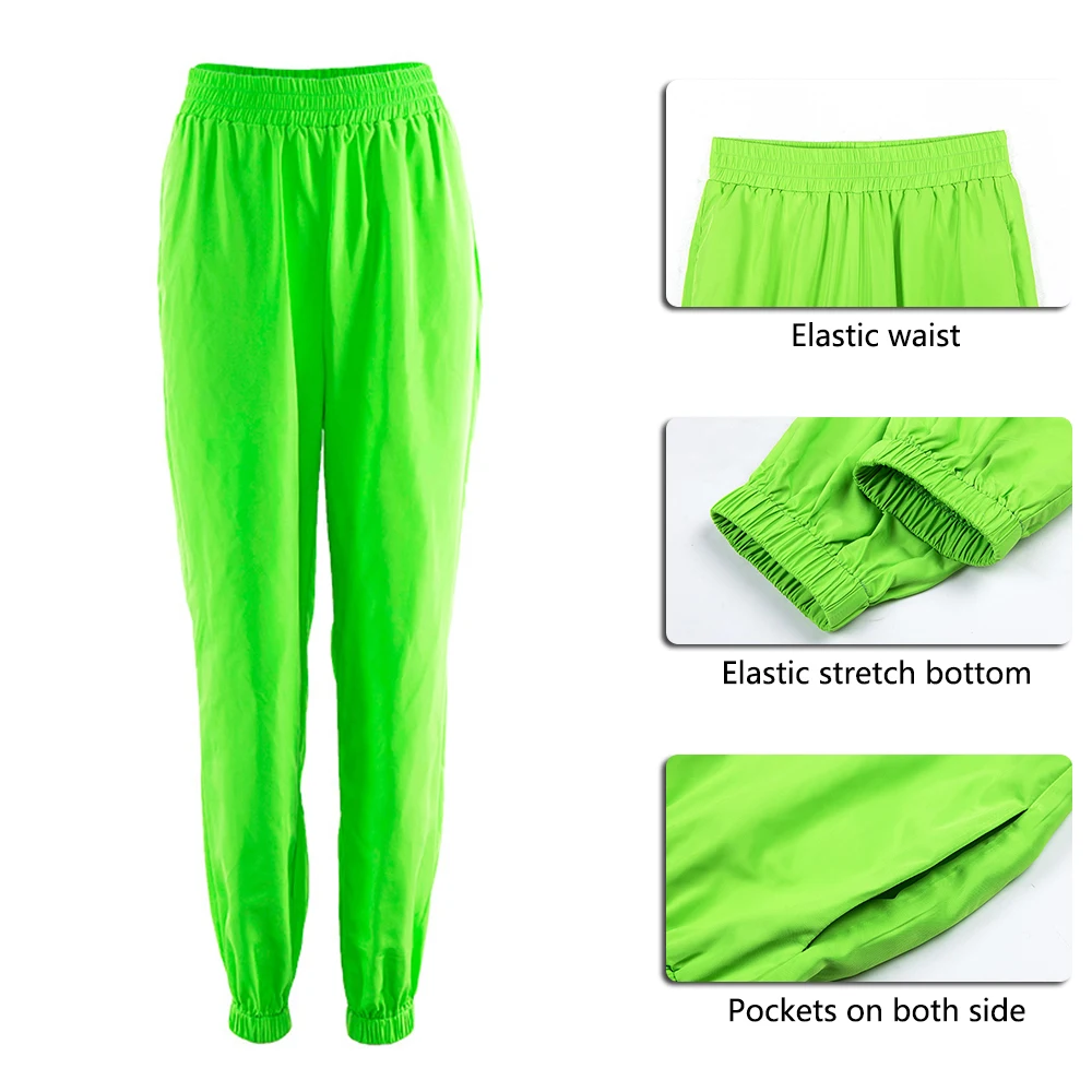 Женские брюки неоново-зеленые уличные с высокой талией эластичные длинные