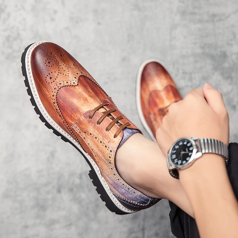 Luxury Leather Brogue Mens dress shoes lace up Flats Shoes Casual British Style Men Oxfords Fashion Brand wedding For | Обувь