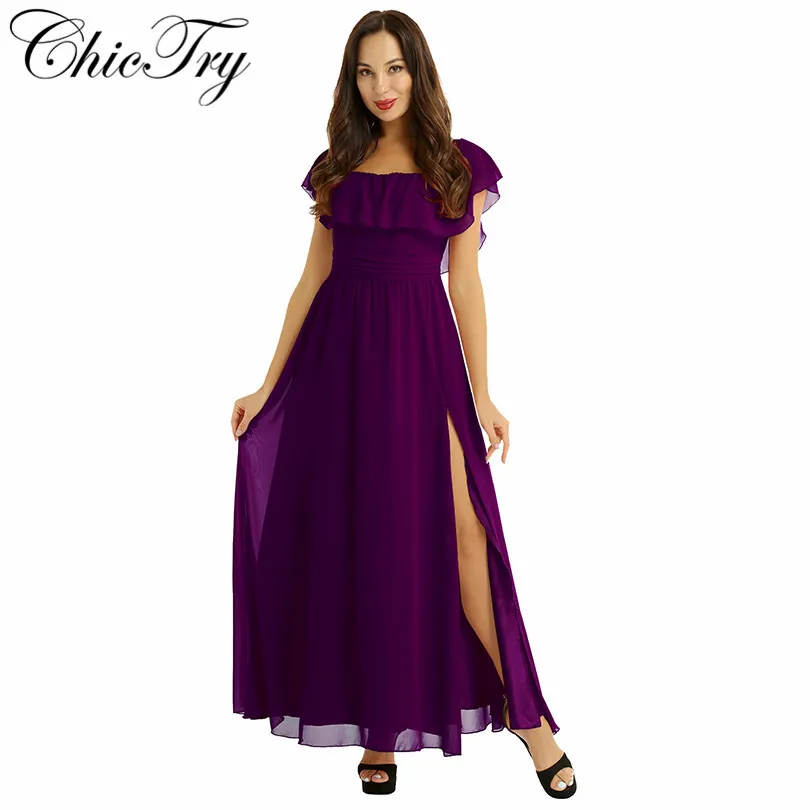 Женское элегантное шифоновое длинное платье с открытыми плечами оборками на