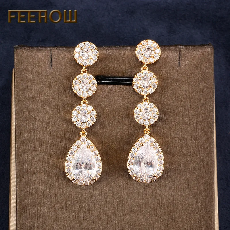 Gold Color 4 FEEHOW, классические, прозрачные, AAA, кубический циркон, капля воды, длинные, модные серьги-подвески для женщин, для свадьбы, ужина, вечерние, ювелирные изделия, FWEP2008 - Окраска металла: Gold Color 4
