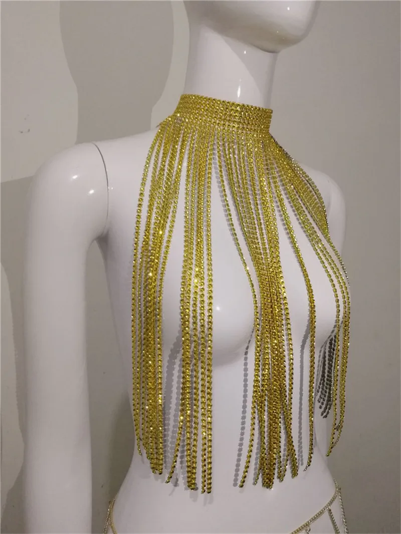

Rhinestone Fringe Tassel Necklace Chokers Women Bling Silver Gold Long Crystal Jewelry Necklace Body Chain Party Women Necklace