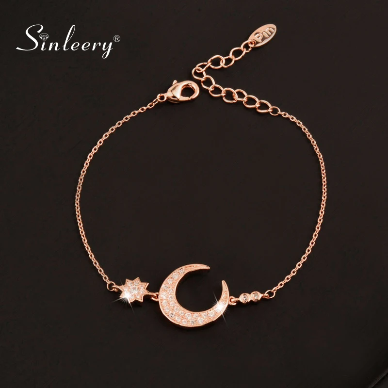 SINLEERY ослепительно новый шарм с Луной и звездой браслет из розового цвета:
