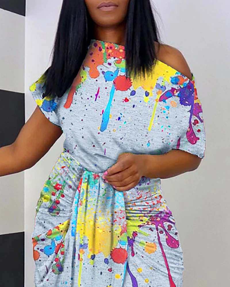 

2021 Elegant Summer One Shoulder Ink Splash Print Ruched Dip Hem Asymmetric Vintage Boho Casual Women's Dresses Ladies Vestidos
