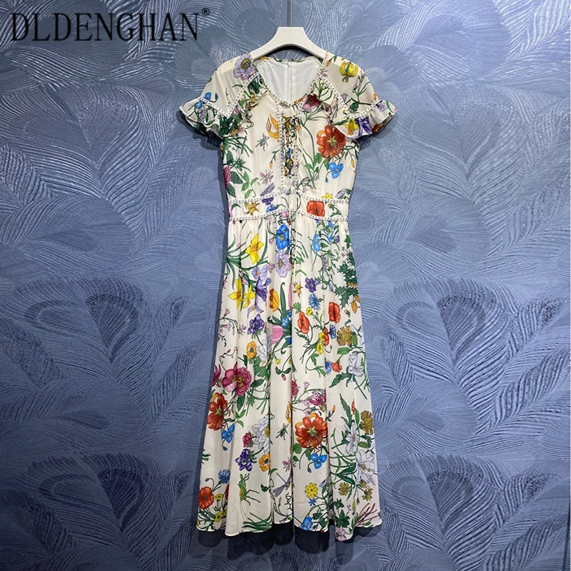 

Модельное дизайнерское летнее шифоновое платье DLDENGHAN, женские платья для отпуска с V-образным вырезом и коротким рукавом, украшенные криста...