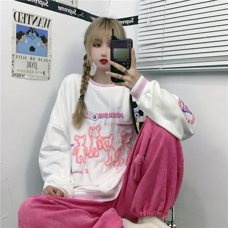 

2021 American Long Sleeve Bear Sweatshirt Women's Autumn New Thin Turtleneck Round Neck Letter Print Hoodie
