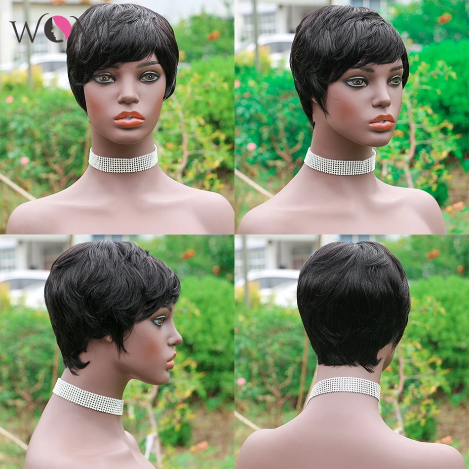 

WOME Short Cute Pixie Straight Wavy Wig Brazilian Remy Human Hair Wigs For Women Natural Color Hair Wig Full Machine Made Wigs