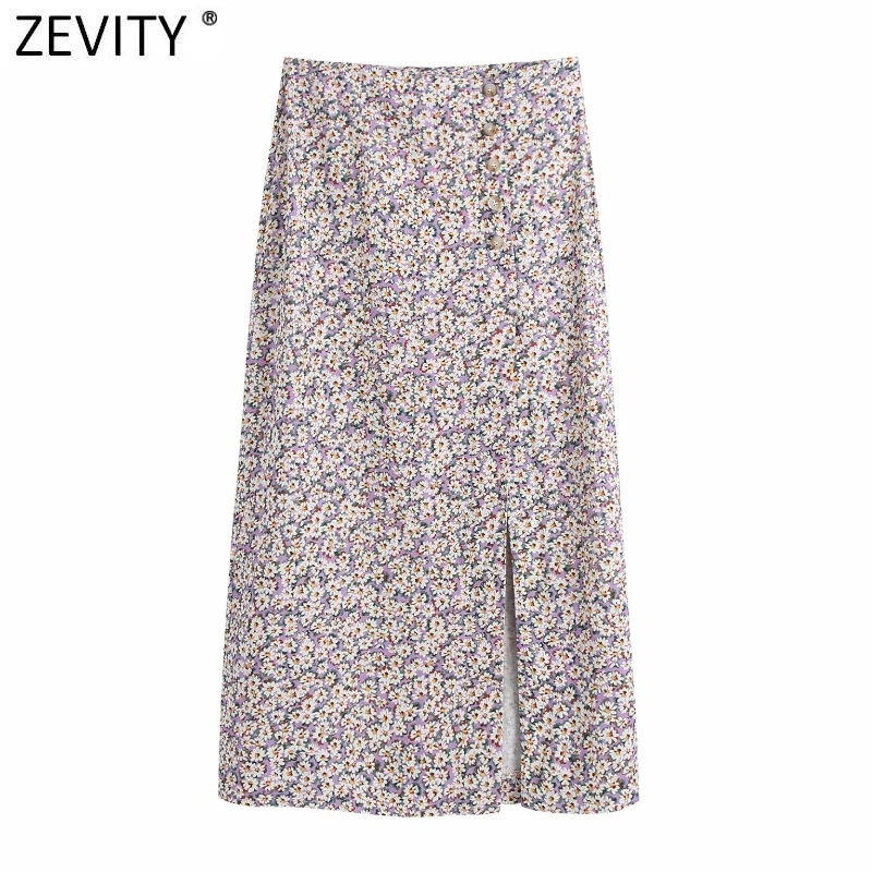 

Zevity Women Vintage Floral Print Single Breasted Split Purple Skirt Faldas Mujer French Style Female Chic Party Vestidos QUN756