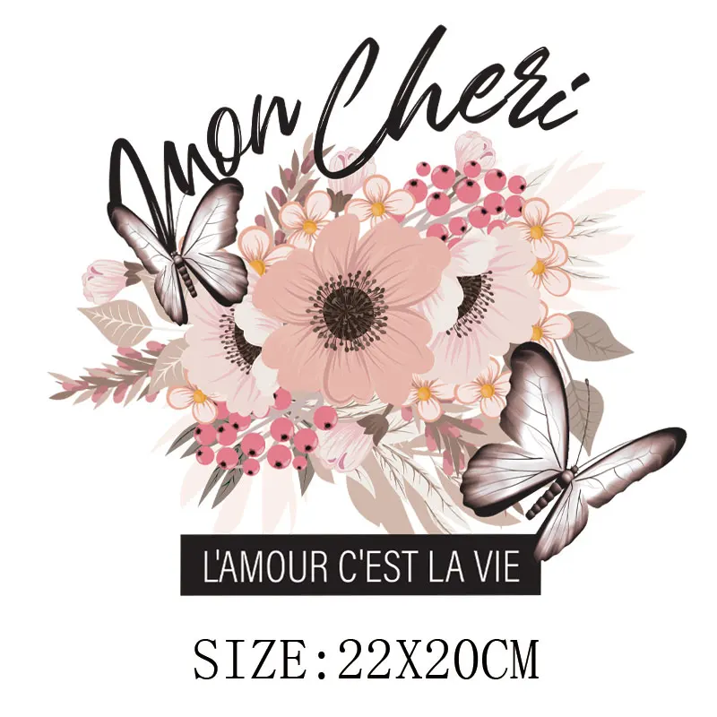 Pink Flower Patches Iron-On Transfers For Clothing Women T-shirt Jeans Butterfly Patch Heat Press Clothes Sticker | Дом и сад