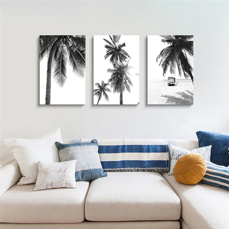 Palm Tree Prints Set of 3 Wall Art Tropical Beach Decoration Picture Black and White Landscape Canvas Painting Poster Home | Дом и сад