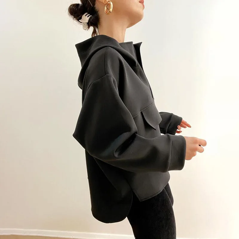 

Fashion Sexy Fashion Niche Design Sense Big Pocket Loose Solid Color Blouse New Long-Sleeved Hooded Sweater Top Women