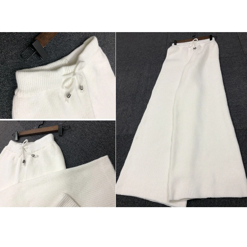 

Winter women knitted two piece set top and pants cashmere wool twist turtleneck loose sweater + wide leg pants 2 piece sets