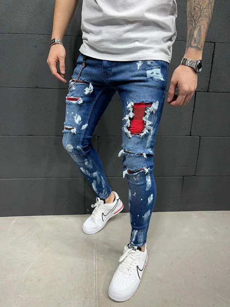 

Jeans Denim Casual Patches Fit Grid Beggar Men Pencil Painting Stretch Skinny Slim Jogging Fashion Pants Mens Ripped Trousers Ri