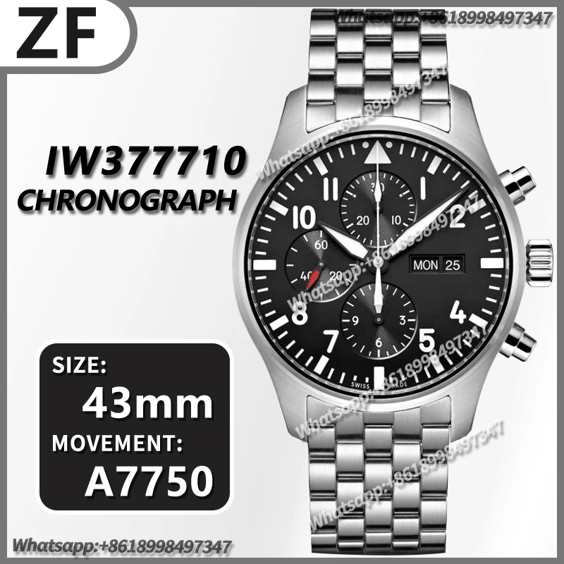 

Men's Automatic Mechanical Watch 43MM Pilot Chrono 2016 IW377710 ZF 1:1 Best Edition Black Dial on SS Bracelet A7750 V2 Replica