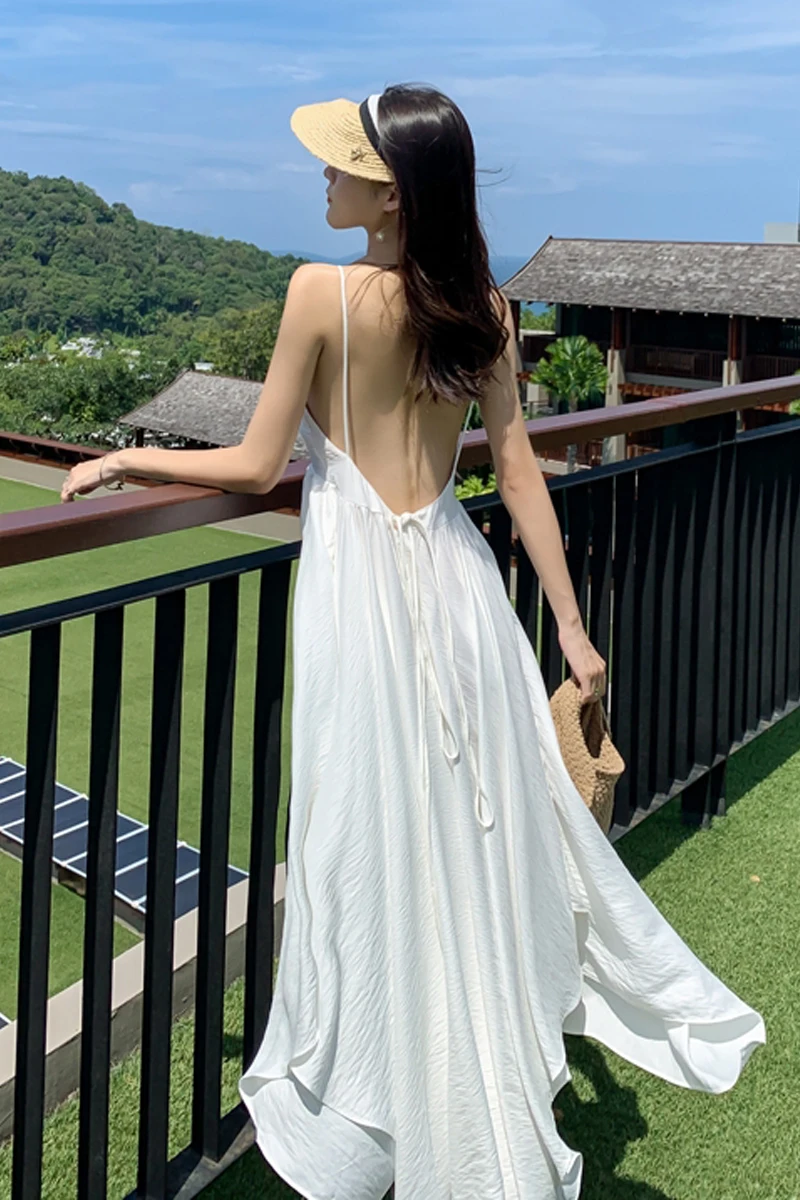 

Dress 2021 summer new super fairy suspender white dress sexy backless slim beach skirt girl
