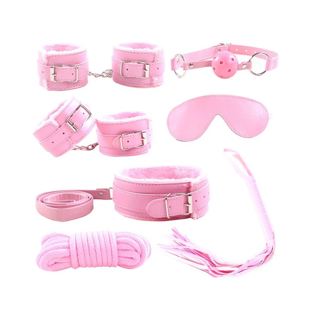 

7 Pieces/Set Collar Furry Fuzzy Bed Bondage Gear Restraint Set Kit Ball Gag Cuff Whip Sexy Products Sex Toys For Lovers
