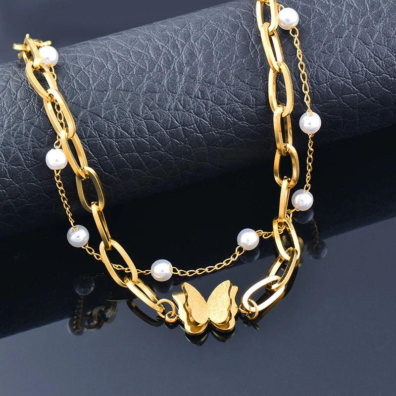

SINLEERY Flower pearl Stainless Steel Double-layer Charm Chain Choker Bracelet Beach Jewelry Bracelets For Women SL135 SSK