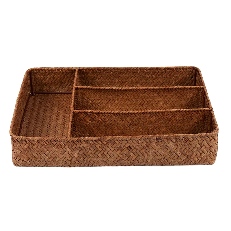 

Handmade Straw Woven Storage Box Sundries / Tableware / Cosmetics Natural Multi-Function 4 Slot Kitchen / Office Organizer