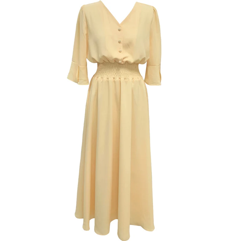 Женское винтажное платье с V-образным вырезом и рюшами средней длины завязками на