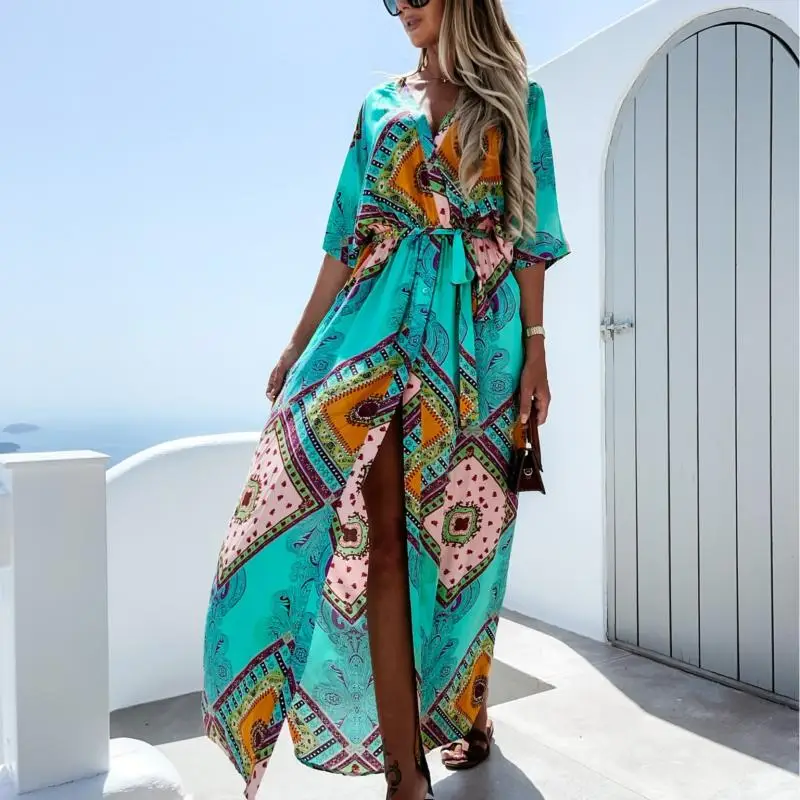 

Summer Women's Dress Hot-Selling Fashion Belt Waist Women's Printed Mid-Length Beach Dress