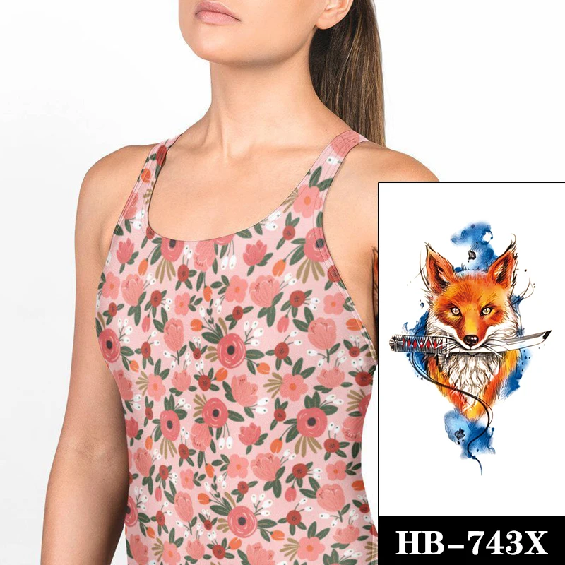 

Watercolor Fox Totem Knife Waterproof Temporary Tattoo Sticker Line Blue Ink Deign Flash Tattoos Body Art Fake Tatoo Women Men