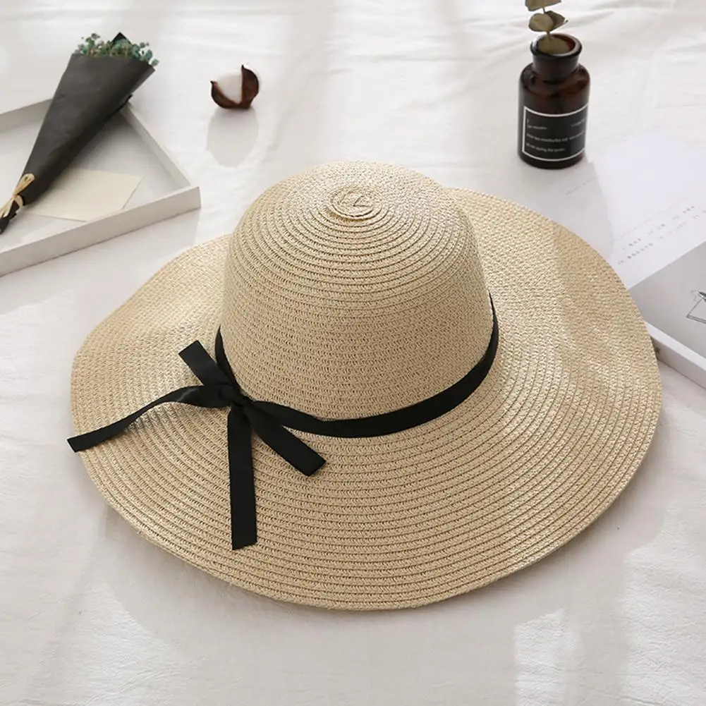 NewWomen Summer Travel Beach Casual temperament UV Protection Bowknot Wide Brim Straw Hat Sun Cap кепка женская 2021 |
