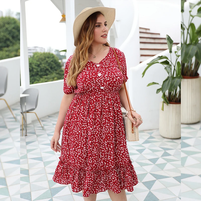 

Plus Size Dresses For Women Summer Floral Ruffle V Neck Puff Sleeve Short Mini Red Blue Yellow Beach Style Elegant Party Dress
