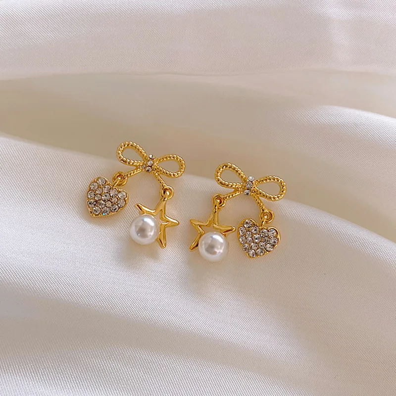 

Origin Summer Romantic Bowknot Love Heart Star Dangle Earrings for Women Vintage Rhinestone Pearl Earrings Jewellery Gifts