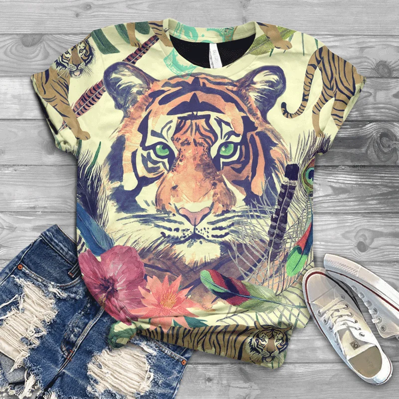 

Harajuku Ladies T-shirt Fashion Trend Print Fashion Fun 2021 Cute Rose Flower and Cat Tiger Graphic Original Multi-style