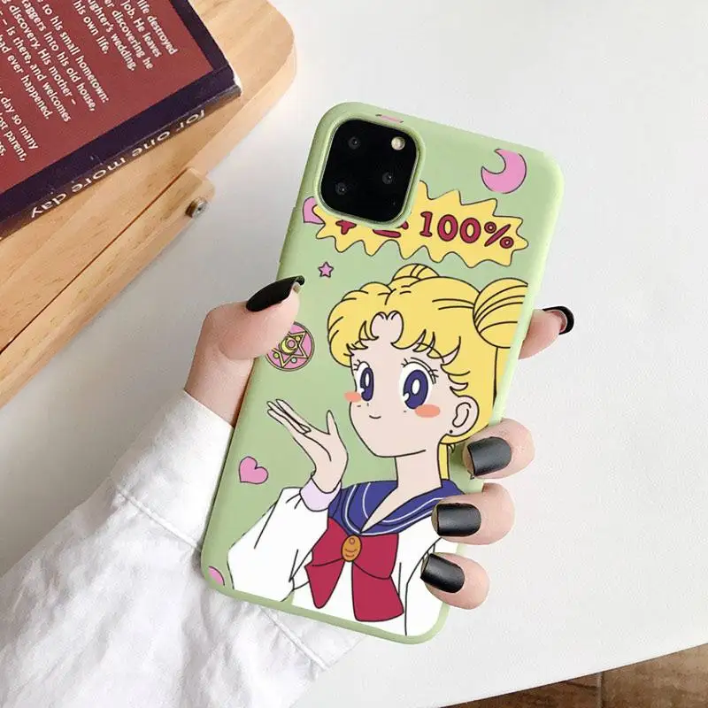 

Sailor Moon Cartoon girl Phone Case Green Candy Color for iPhone 6 7 8 11 12 s mini pro X XS XR MAX Plus