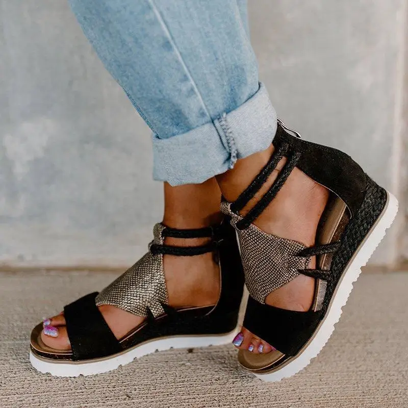 

Summer Women Thick Platform Wedges Sandals Open Toe Leopard Flock Ankle-warp Hemp Weave Fashion Ins Ladies Shoes Girls Female