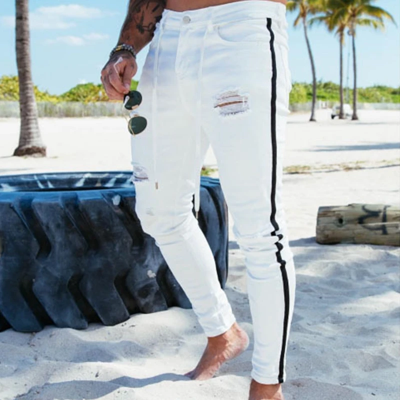 

Mens Jeans Autumn Fashion Solid Striped Slim Denim Pencil Pants Men Skinny Jeans Sports Mid Waist Lace-up Pants Ripped Jeans